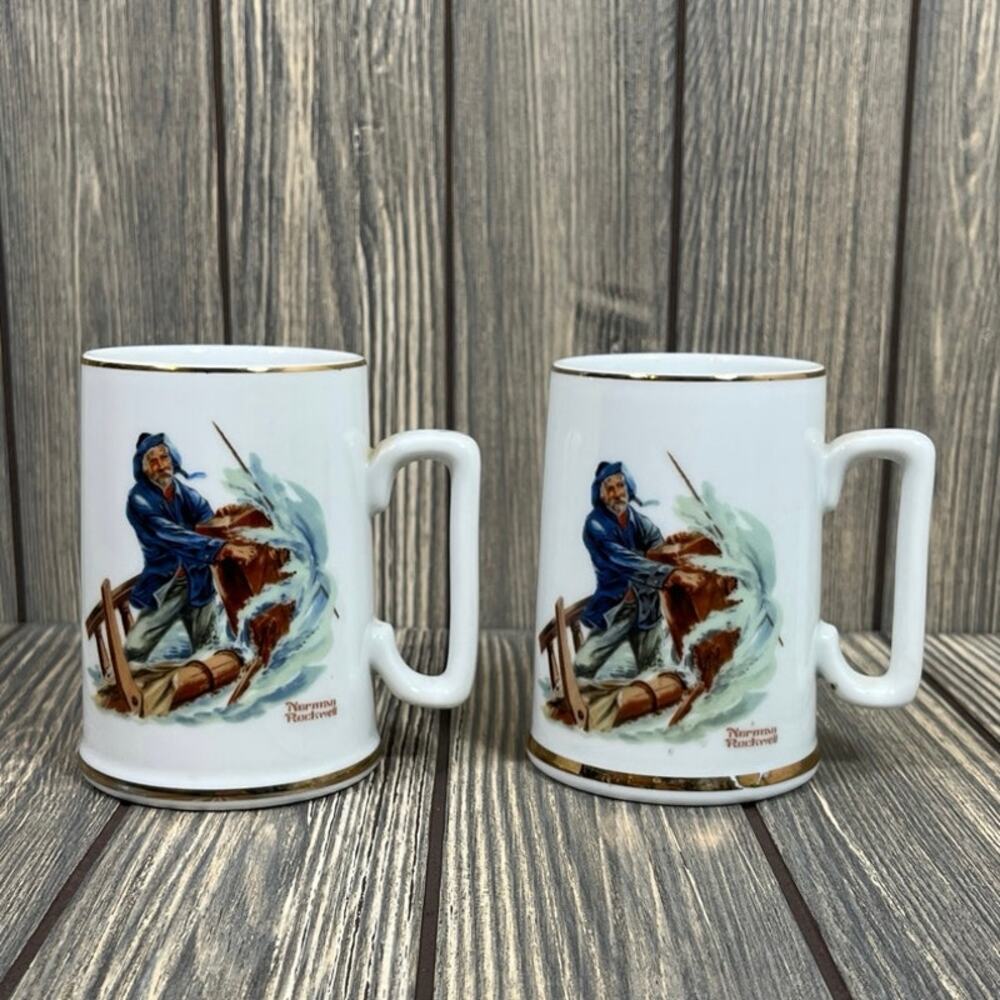 Norman Rockwell Braving The Storm Sailor Coffee Tea Mug Set of 2 Made In‎ Japan